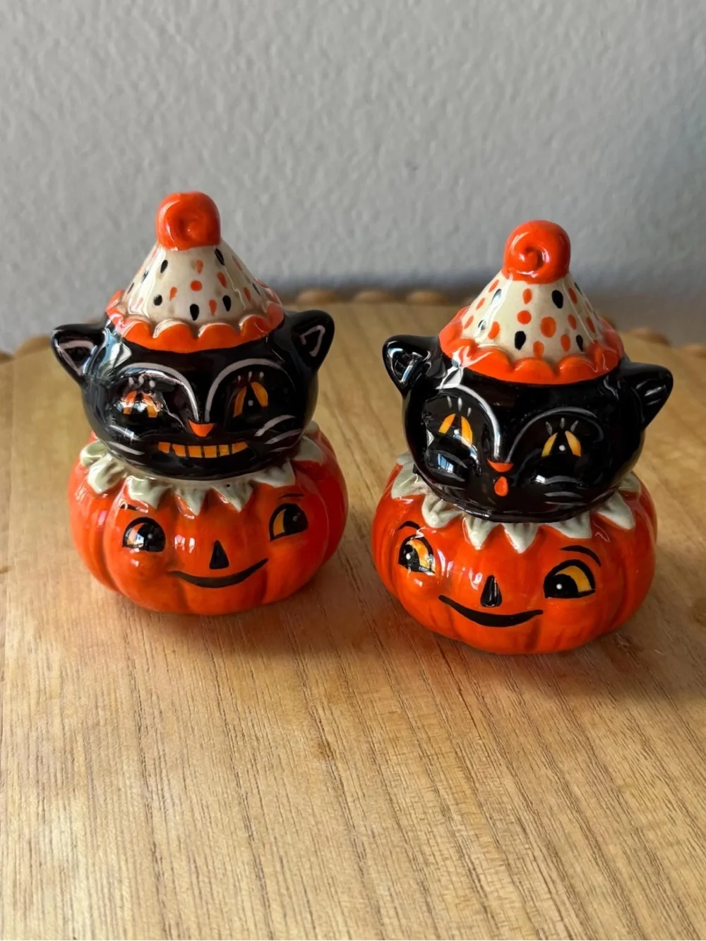 Johanna Parker Halloween Black Cat on Orange Pumpkin Salt & Pepper Shaker Set